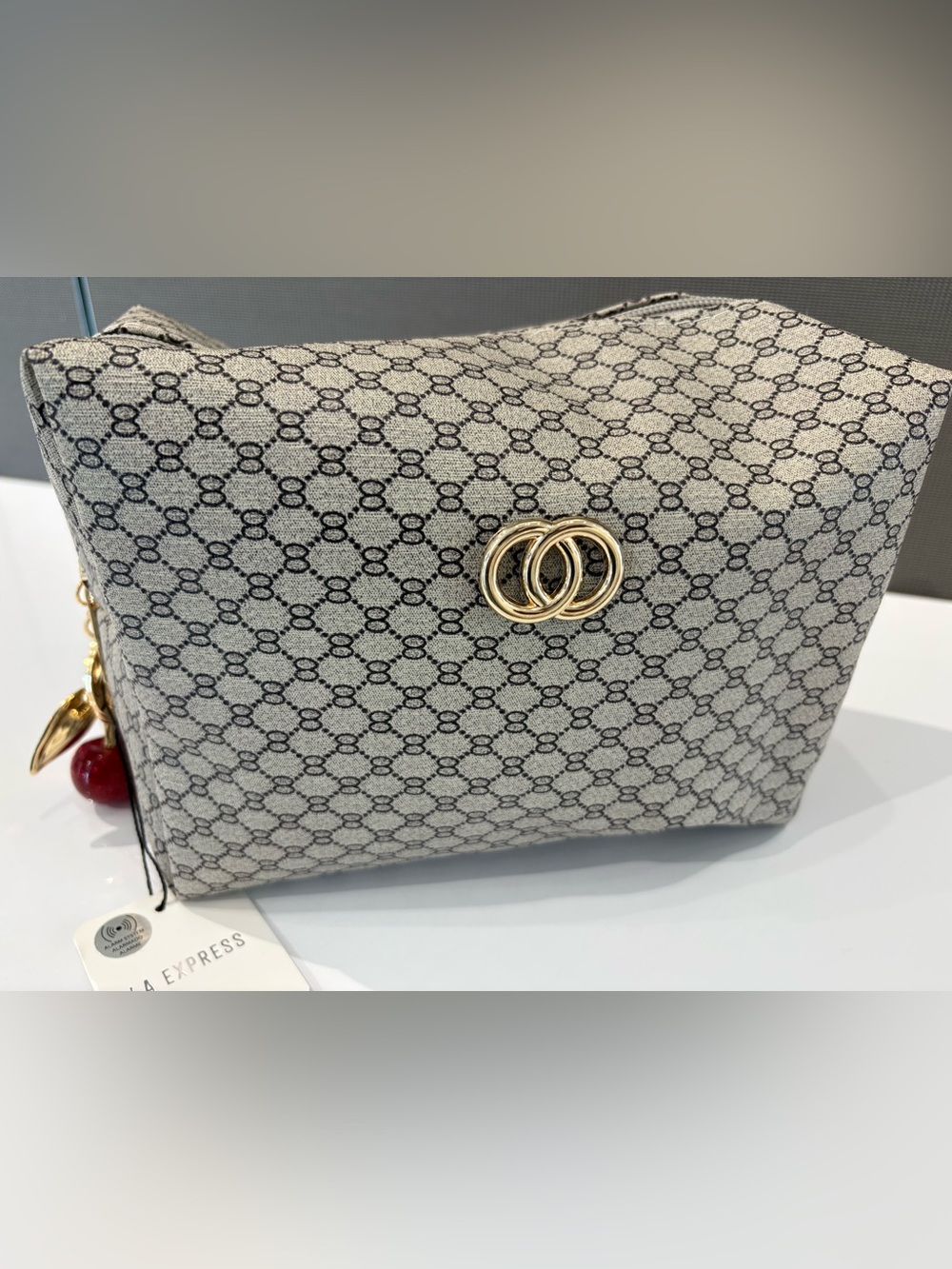 FASHION Luxury Beige Monogram Bag with Gold Hardware and a Pop of Cherries